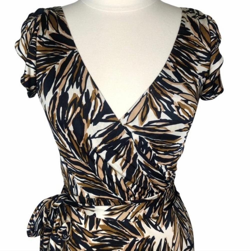 Banana Republic tropical silk blend surplice wrap knee length dress